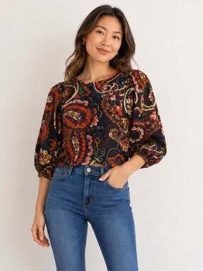 Kachel Boho Paisley Puff Sleeve Blouse Size XS/S